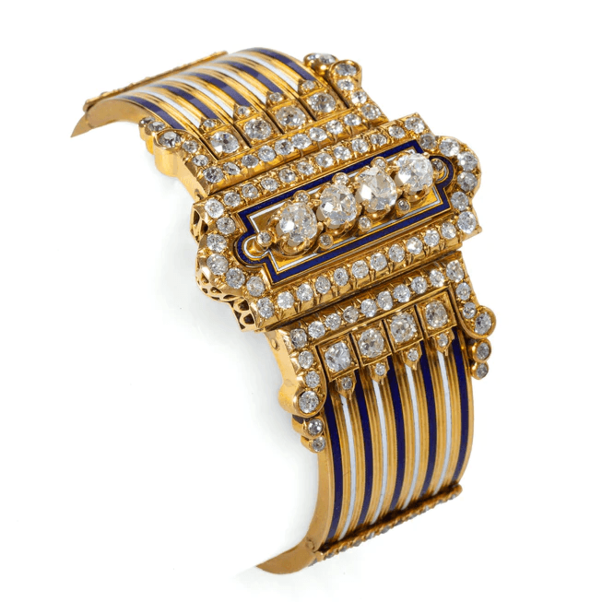 French Victorian 18KT Yellow Gold Diamond & Enamel Jarretière Bangle Bracelet front