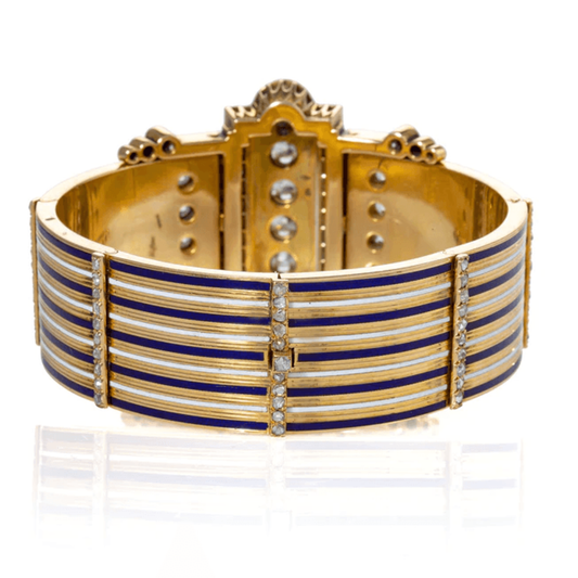 French Victorian 18KT Yellow Gold Diamond & Enamel Jarretière Bangle Bracelet back