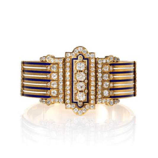 French Victorian 18KT Yellow Gold Diamond & Enamel Jarretière Bangle Bracelet front