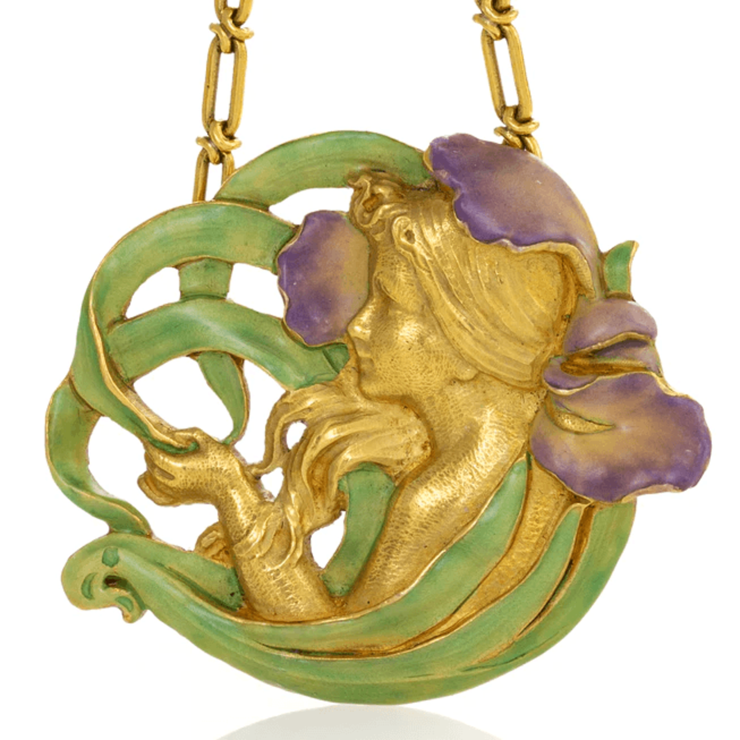 André Rambour French Art Nouveau 18KT Yellow Gold Enamel Femme-Fleur Necklace close-up details