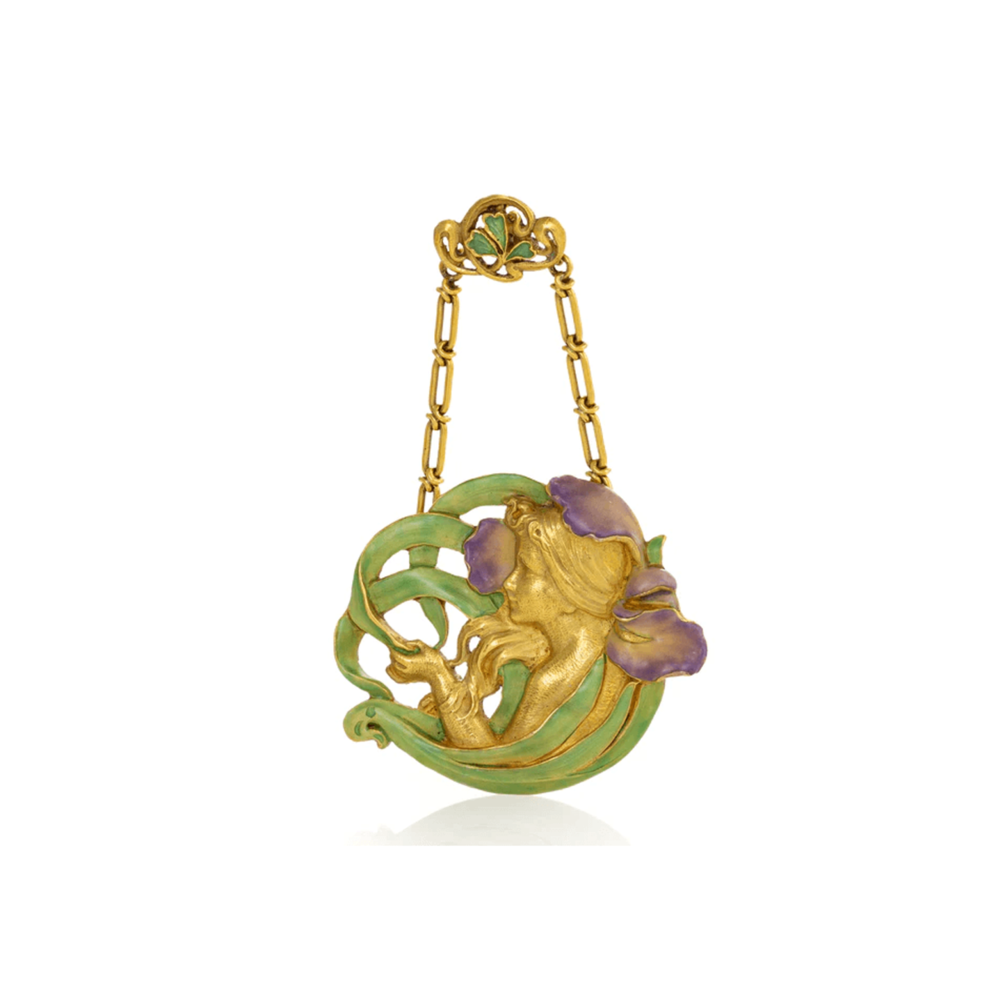 André Rambour French Art Nouveau 18KT Yellow Gold Enamel Femme-Fleur Necklace front