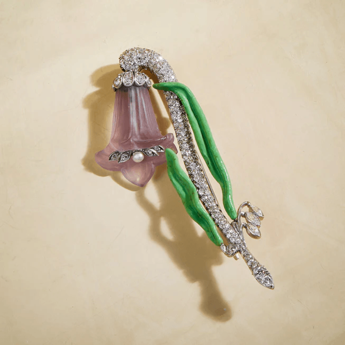 Art Deco Platinum Amethyst, Diamond, Enamel & Pearl Flower Brooch front
