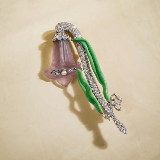Art Deco Platinum Amethyst, Diamond, Enamel & Pearl Flower Brooch front