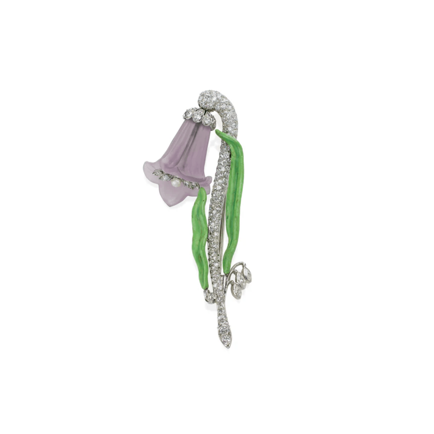 Art Deco Platinum Amethyst, Diamond, Enamel & Pearl Flower Brooch front