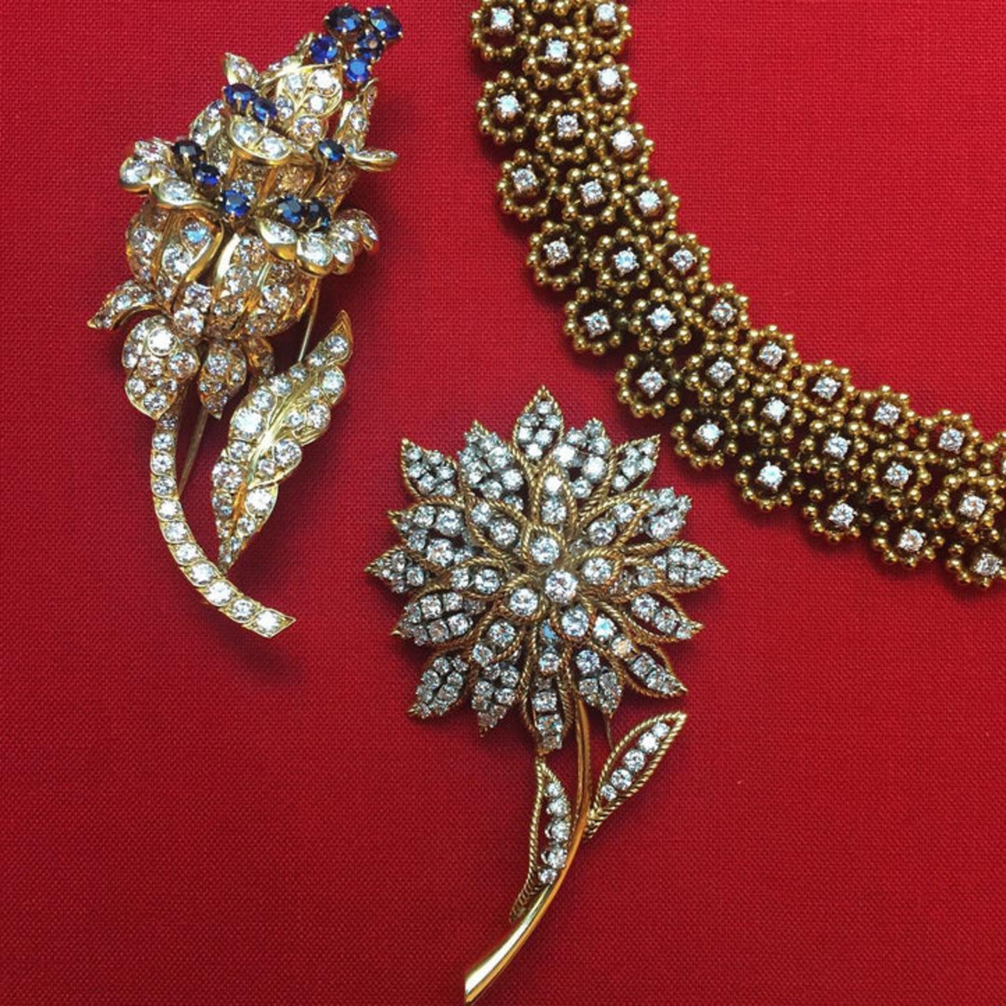 Lacloche Frères Paris 1950s 18KT Yellow Gold Sapphire & Diamond Flower Brooch front