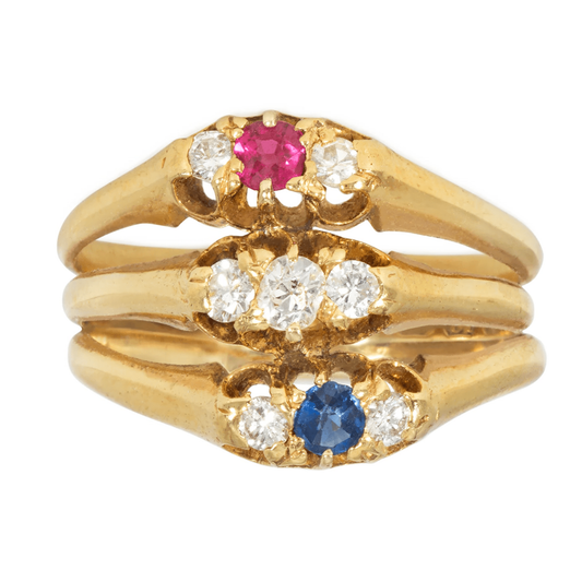 Antique 18KT Yellow Gold Diamond, Ruby & Sapphire Harem Ring front