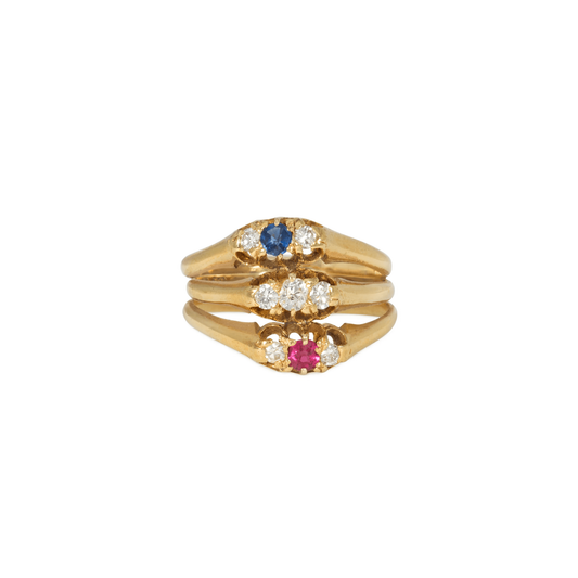 Antique 18KT Yellow Gold Diamond, Ruby & Sapphire Harem Ring front
