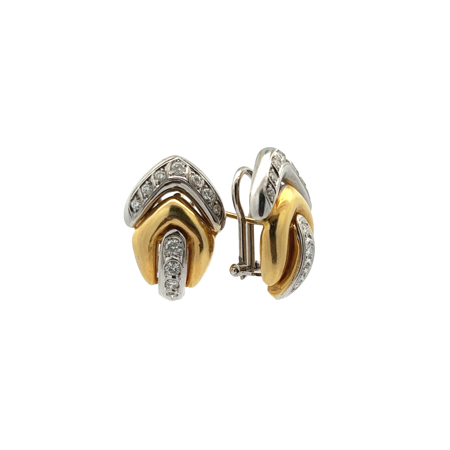 1980s Platinum & 18KT Yellow Gold Diamond Earrings front and side