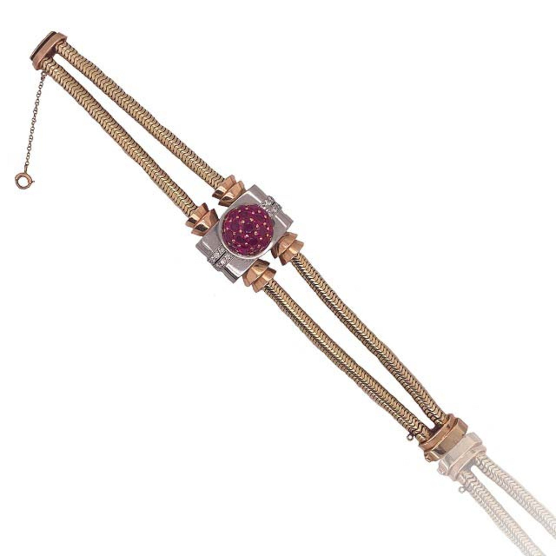 1940s 18KT Yellow Gold Ruby & Diamond Watch Bracelet front