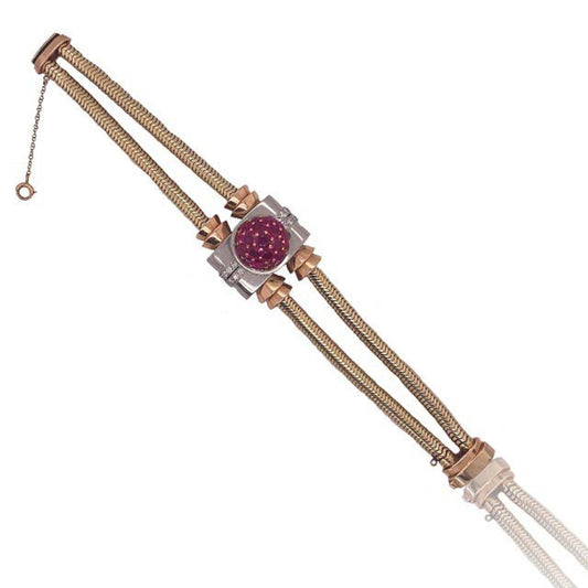 1940s 18KT Yellow Gold Ruby & Diamond Watch Bracelet front