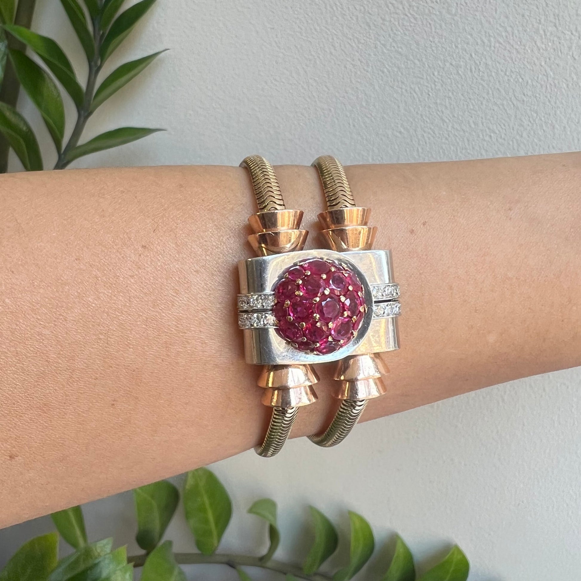 1940s 18KT Yellow Gold Ruby & Diamond Watch Bracelet on wrist