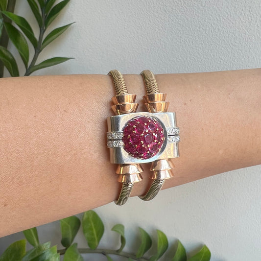 1940s 18KT Yellow Gold Ruby & Diamond Watch Bracelet on wrist