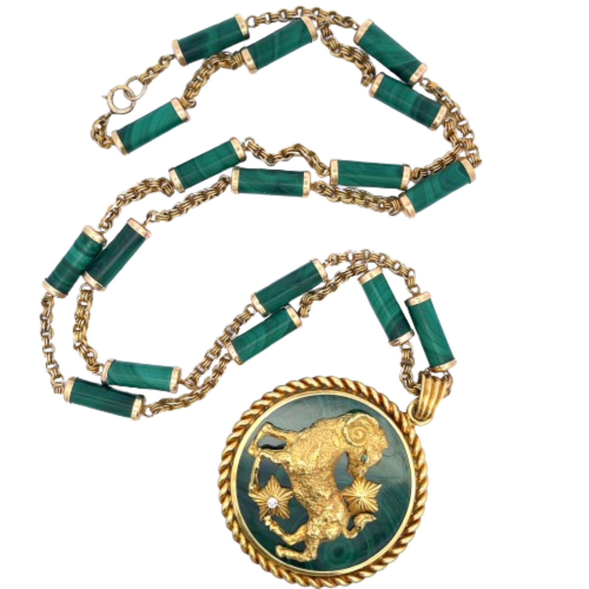 Van Cleef & Arpels French 1970s 14KT & 18KT Yellow Gold Malachite, Diamond & Emerald Zodiak Necklace front