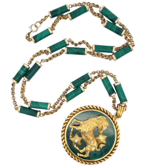 Van Cleef & Arpels French 1970s 14KT & 18KT Yellow Gold Malachite, Diamond & Emerald Zodiak Necklace front
