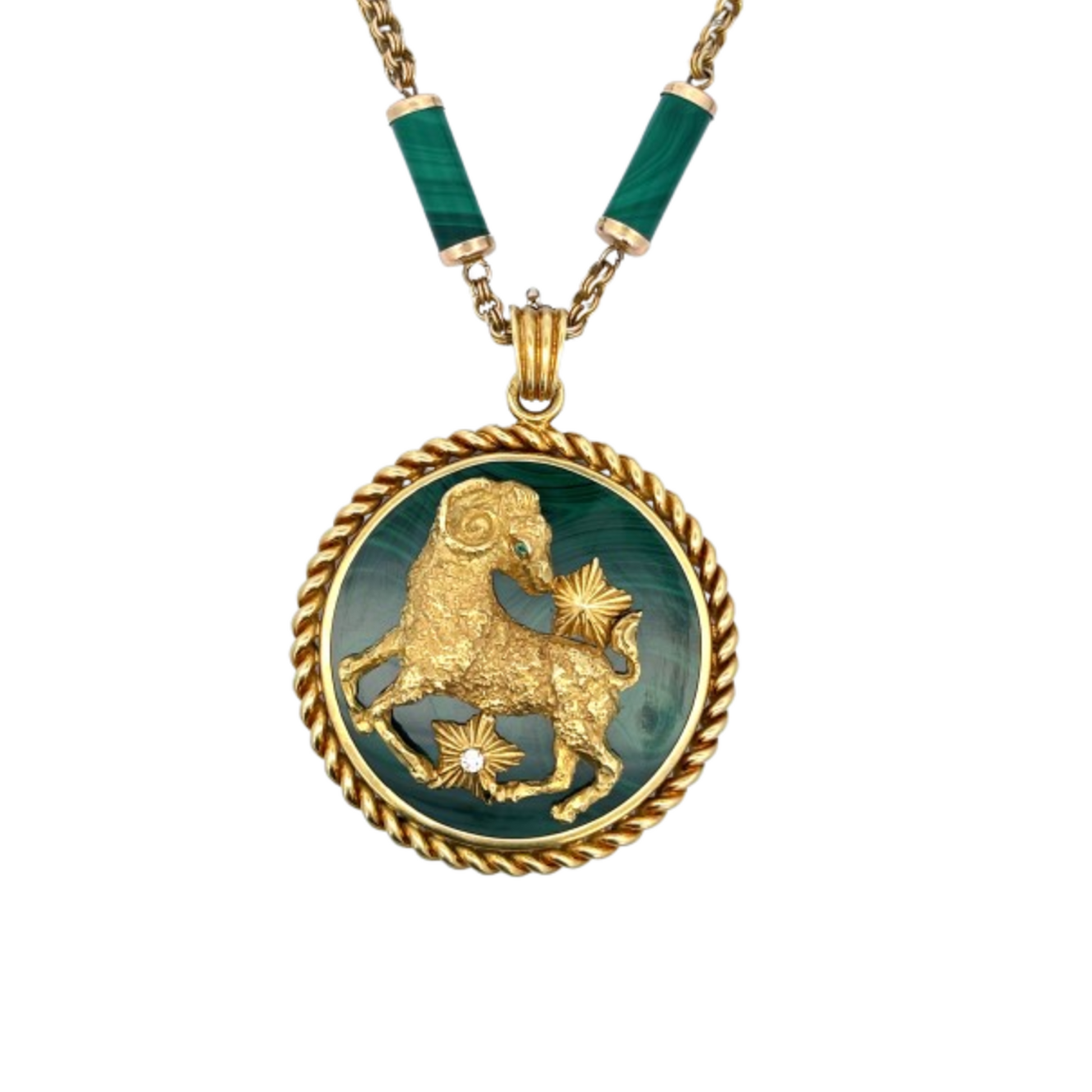 Van Cleef & Arpels French 1970s 14KT & 18KT Yellow Gold Malachite, Diamond & Emerald Zodiak Necklace front