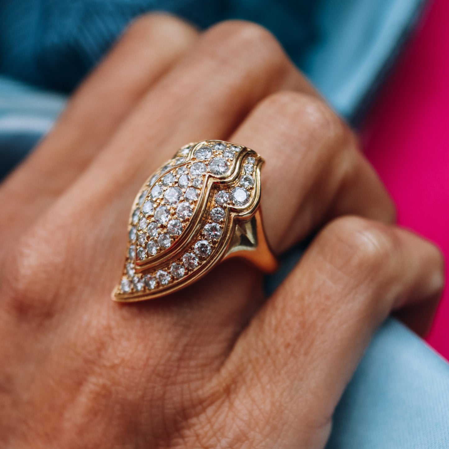Van Cleef & Arpels 1970s 18KT Yellow Gold Diamond Ring on finger