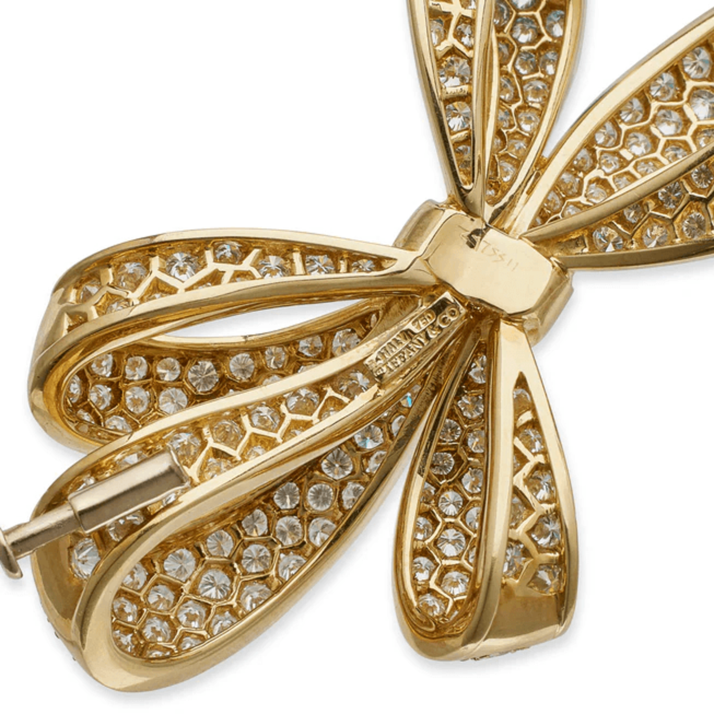 Tiffany & Co. Italian Post-1980s 18KT Yellow Gold Diamond Bow Brooch signature