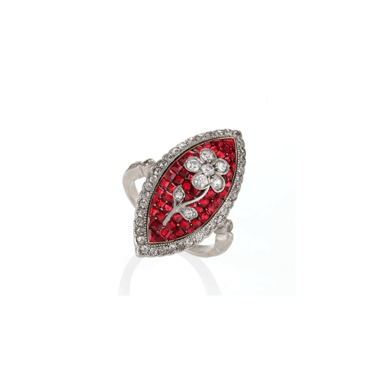 Edwardian Platinum Ruby & Diamond Flower Ring front