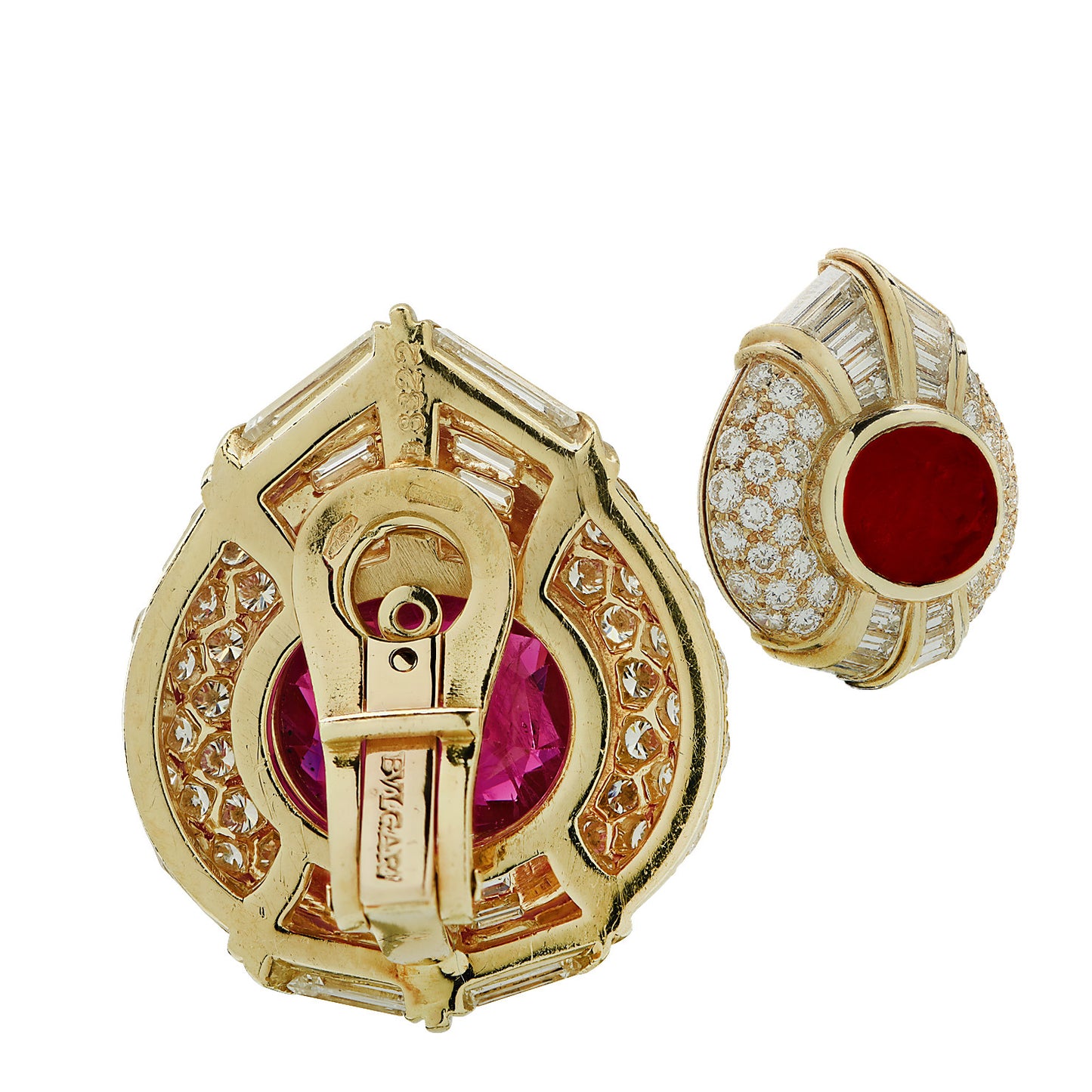 Bulgari 1970s 18KT Yellow Gold Ruby & Diamond Earrings back and signature