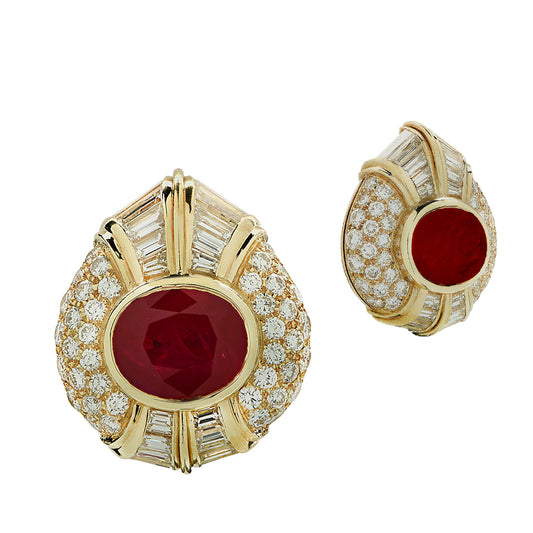 Bulgari 1970s 18KT Yellow Gold Ruby & Diamond Earrings front