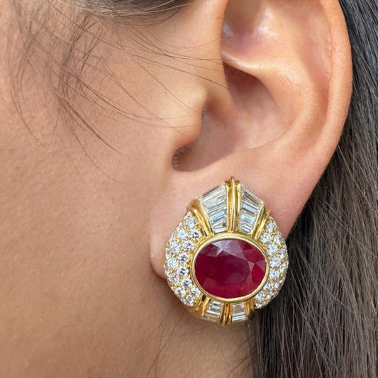 Bulgari 1970s 18KT Yellow Gold Ruby & Diamond Earrings on ear