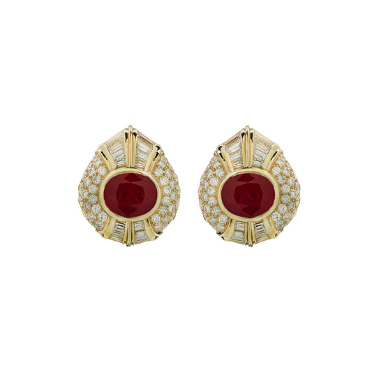 Bulgari 1970s 18KT Yellow Gold Ruby & Diamond Earrings front