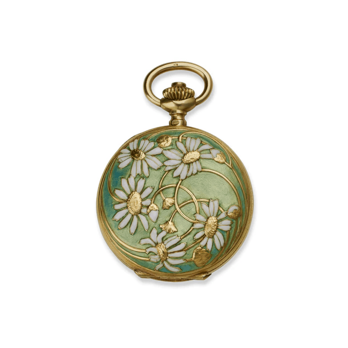 René Lalique Art Nouveau 18KT Yellow Gold Enamel Watch Pendant front