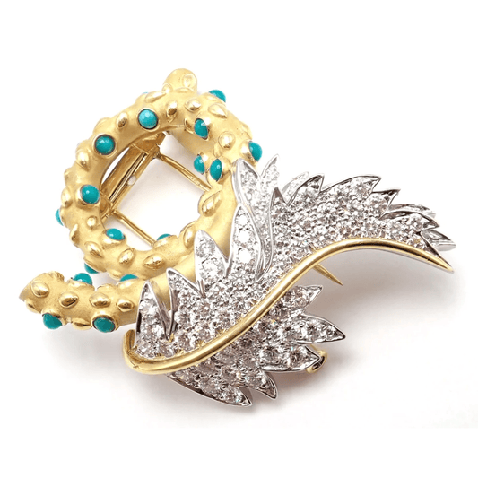 Jean Schlumberger Tiffany & Co. Post-1980s Platinum & 18KT Yellow Gold Diamond & Turquoise Brooch front