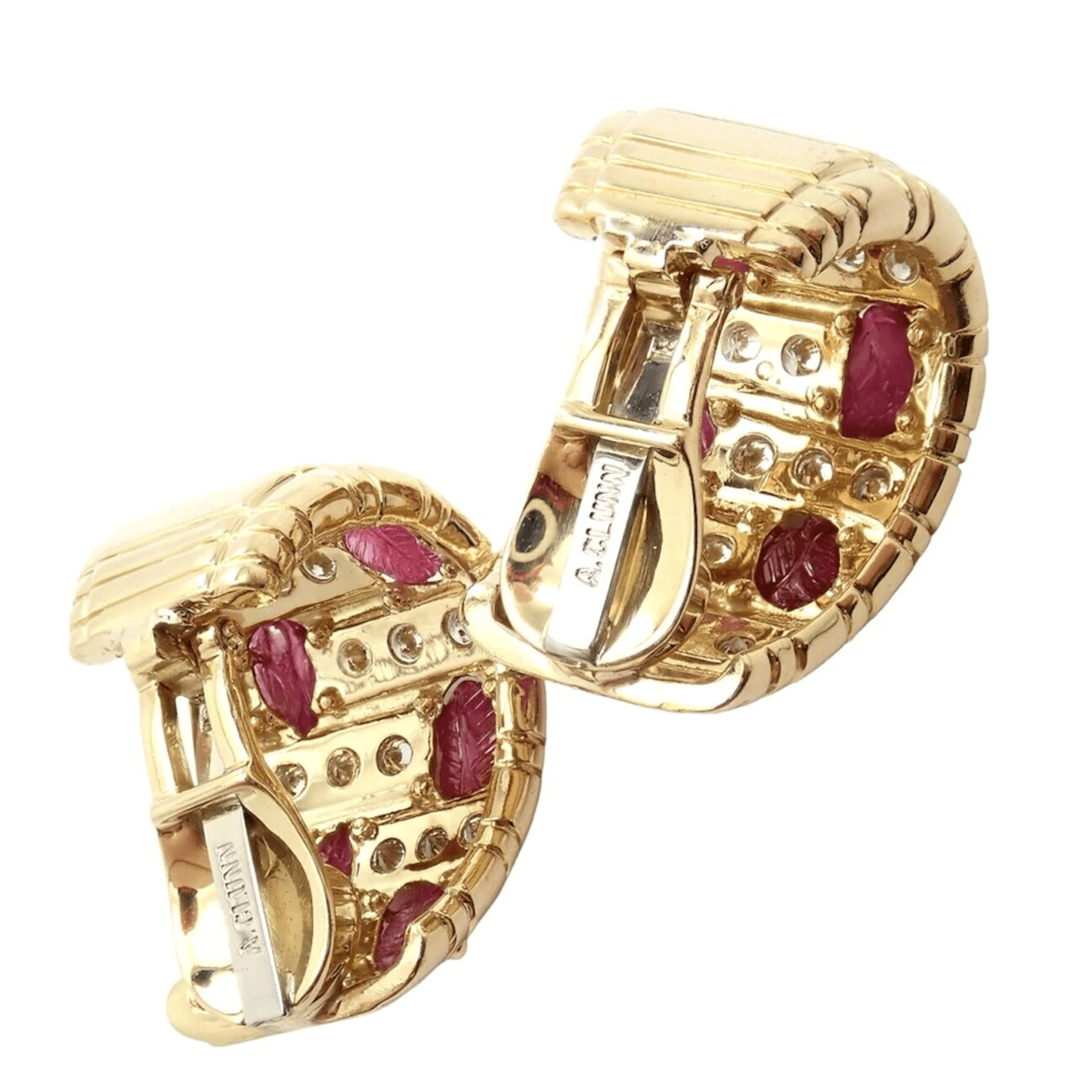 Andrew Clunn Post-1980s 18KT Yellow Gold Diamond & Ruby Earrings back and signature