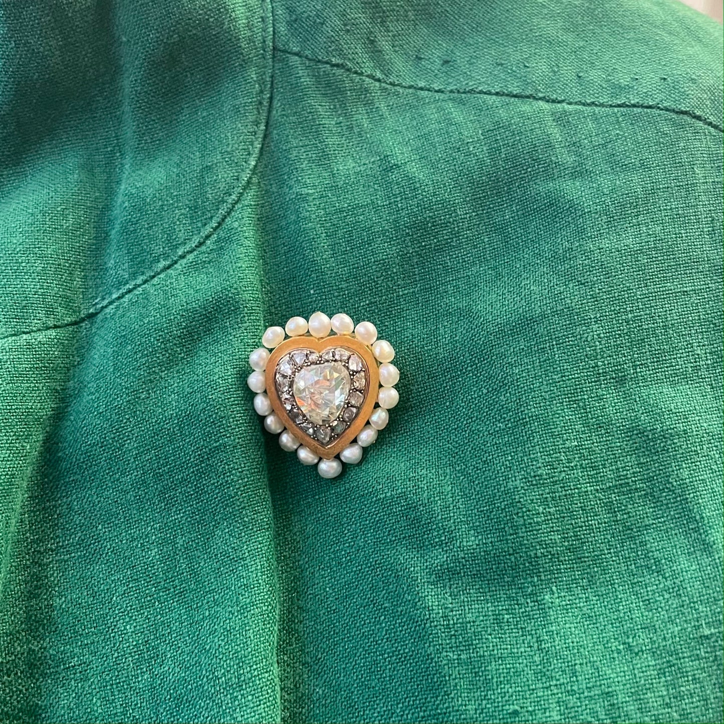 French Antique 18KT Yellow Gold Diamond & Pearl Heart Brooch on blouse