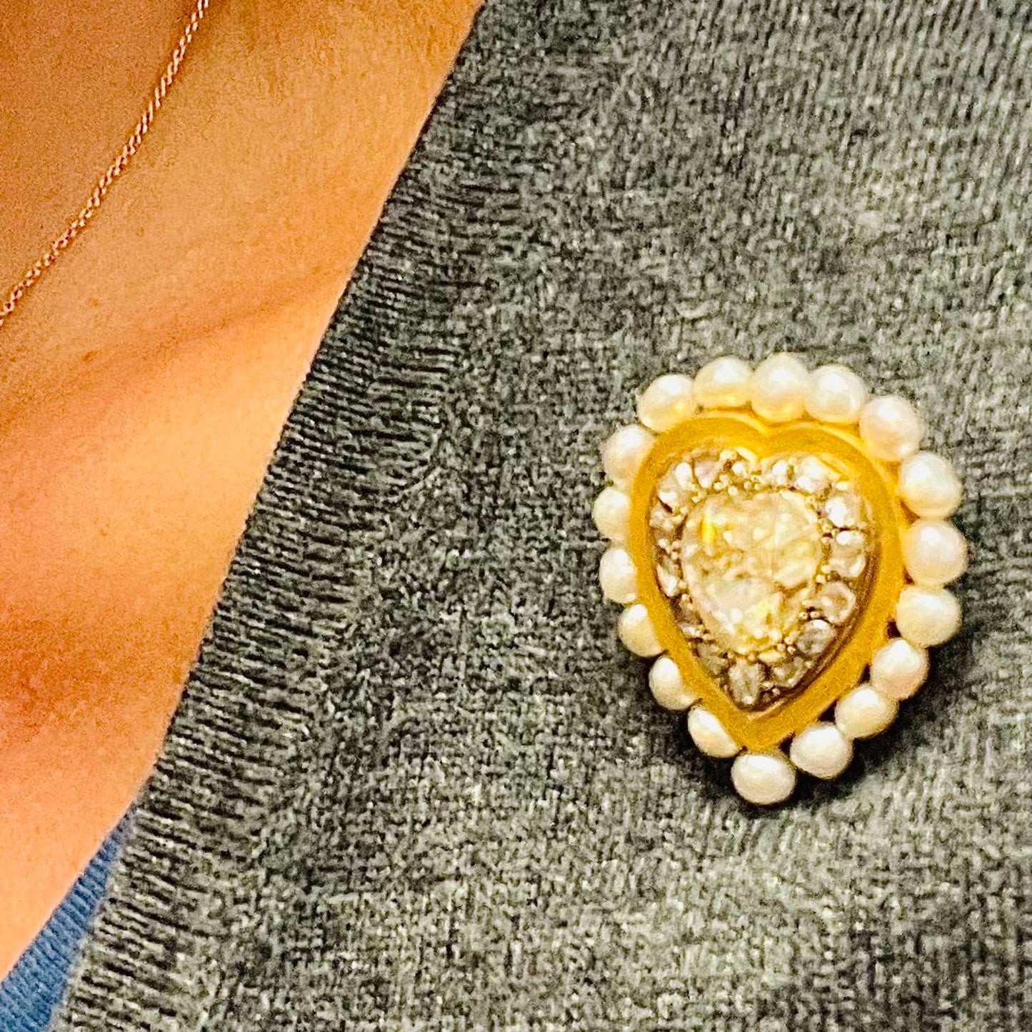 French Antique 18KT Yellow Gold Diamond & Pearl Heart Brooch on blouse