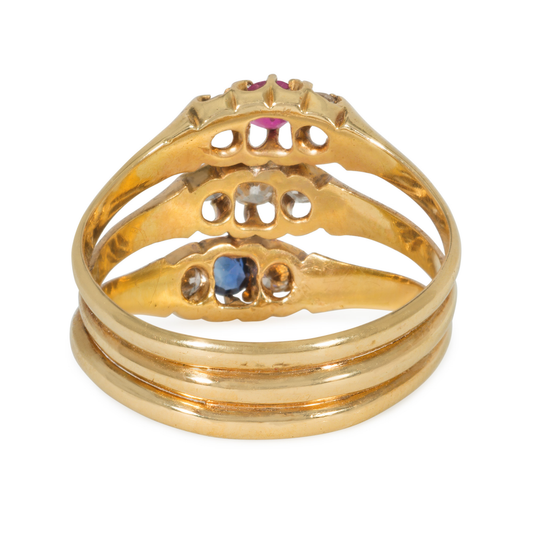 Antique 18KT Yellow Gold Diamond, Ruby & Sapphire Harem Ring back