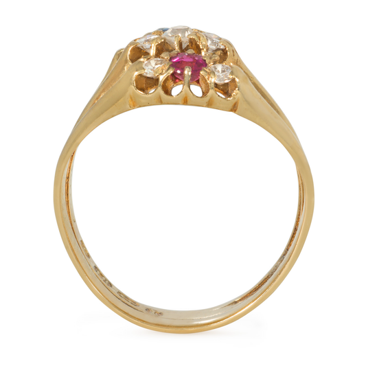 Antique 18KT Yellow Gold Diamond, Ruby & Sapphire Harem Ring profile