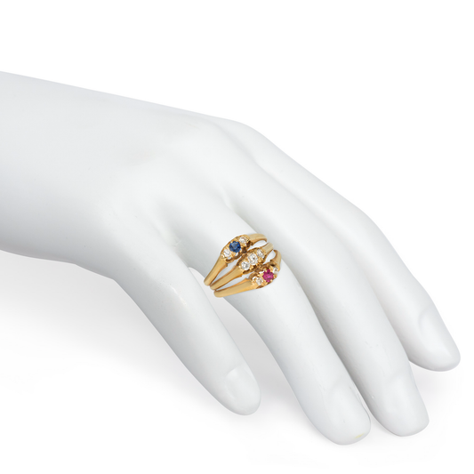 Antique 18KT Yellow Gold Diamond, Ruby & Sapphire Harem Ring finger