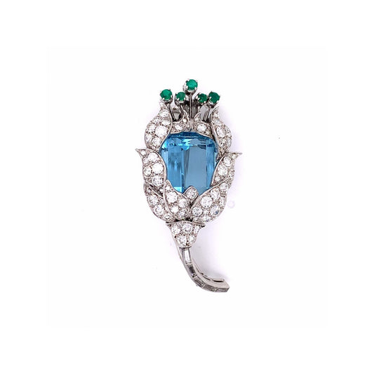 Post-1980s Platinum Aquamarine, Diamond & Emerald Brooch front