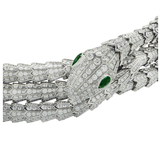 Bulgari Post-1980s 18KT White Gold Diamond & Emerald Serpenti Necklace close-up details