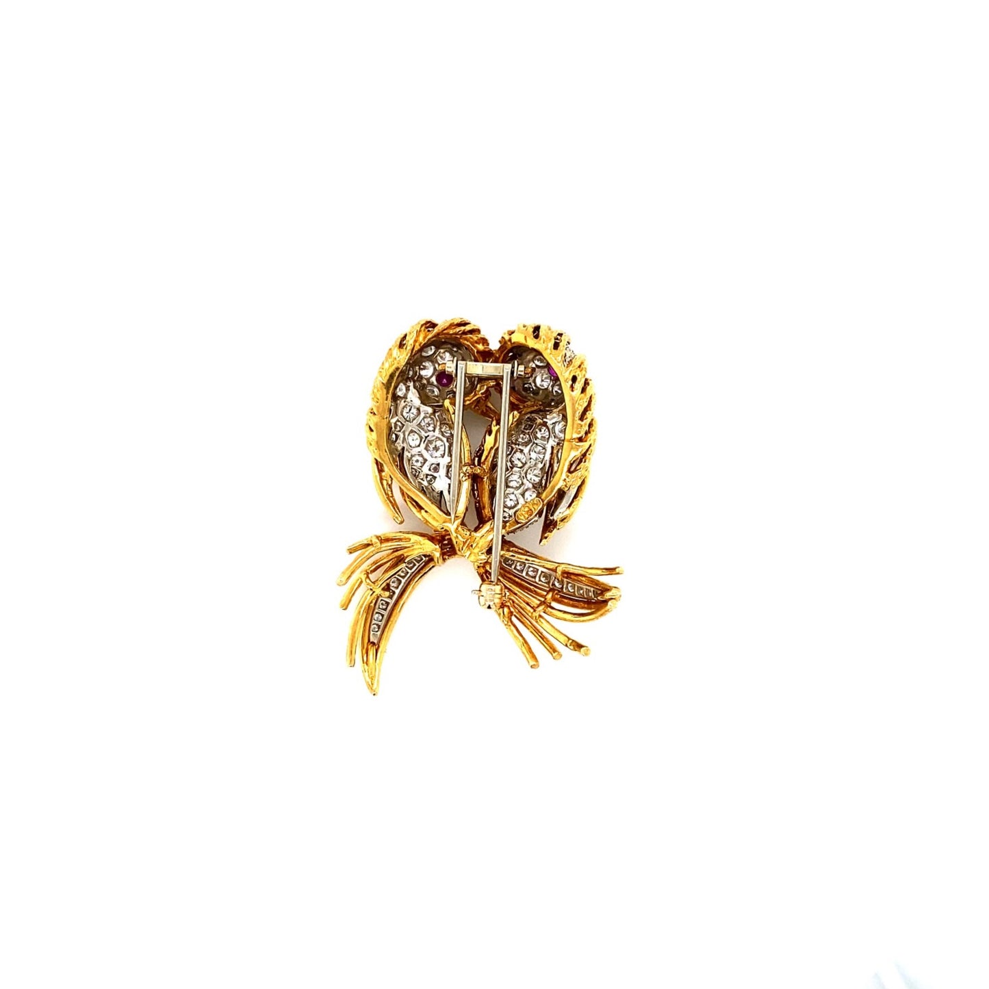 1960s 18KT Yellow Gold Diamond Lovebirds Brooch back
