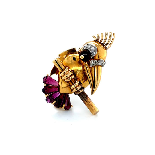 1950s 18KT Yellow Gold Amethyst, Tiger's Eye & Diamond Bird Brooch front