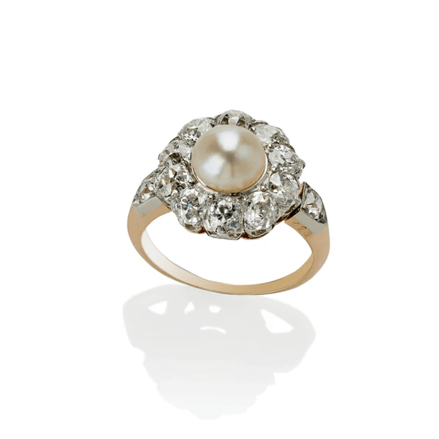 Edwardian Platinum & 18KT Yellow Gold Pearl & Diamond Ring front