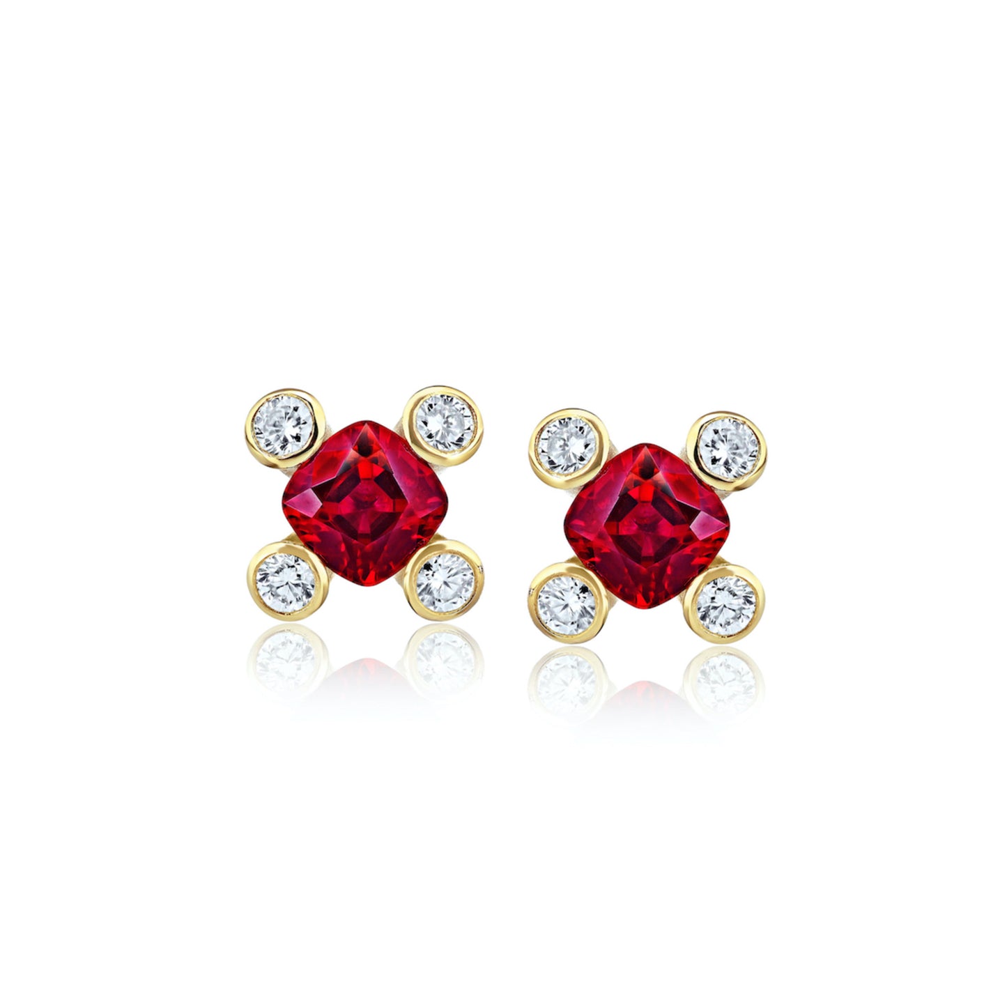 Contemporary 18KT Yellow Gold Ruby & Diamond Earrings front