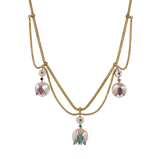 Victorian 15KT Yellow Gold Diamond, Emerald, Rock Crystal & Ruby Necklace front