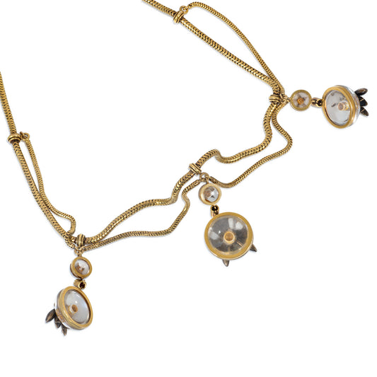 Victorian 15KT Yellow Gold Diamond, Emerald, Rock Crystal & Ruby Necklace close-up details