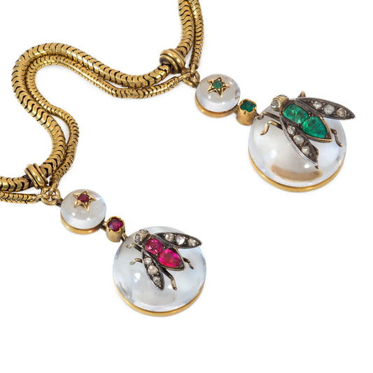 Victorian 15KT Yellow Gold Diamond, Emerald, Rock Crystal & Ruby Necklace close-up details