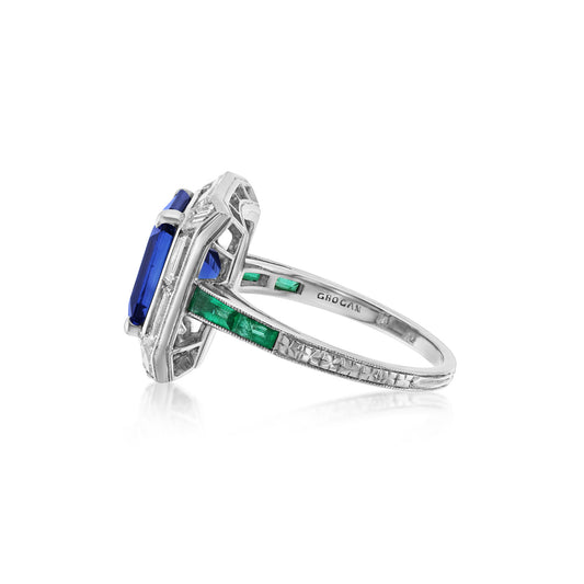Grogan 1930s Platinum Sapphire, Diamond & Emerald Ring side