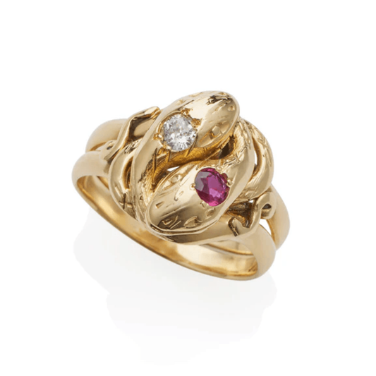 Victorian 18KT Yellow Gold Diamond & Ruby Snake Ring front