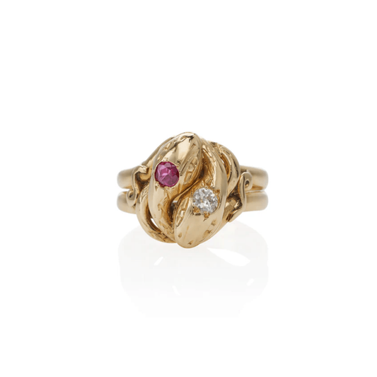 Victorian 18KT Yellow Gold Diamond & Ruby Snake Ring front
