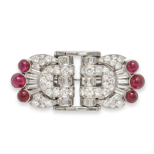 French Art Deco Platinum, 18KT Yellow Gold & 14KT White Gold Diamond & Ruby Double Clips Bracelet front of clips