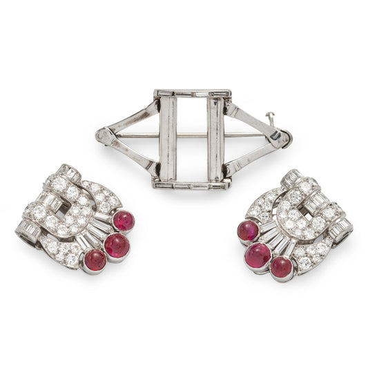 French Art Deco Platinum, 18KT Yellow Gold & 14KT White Gold Diamond & Ruby Double Clips Bracelet front of clips