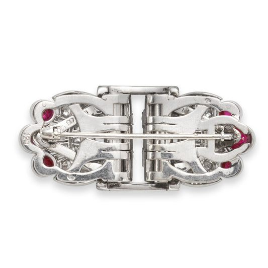 French Art Deco Platinum, 18KT Yellow Gold & 14KT White Gold Diamond & Ruby Double Clips Bracelet back of clips