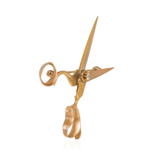Art Nouveau 14KT Yellow Gold Diamond Scissors Brooch side